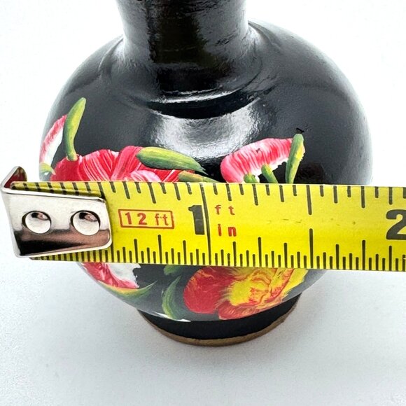 Ceramic Vase With Red & Yellow Floral Design Vintage Hand-Painted Black - Picture 3 of 12